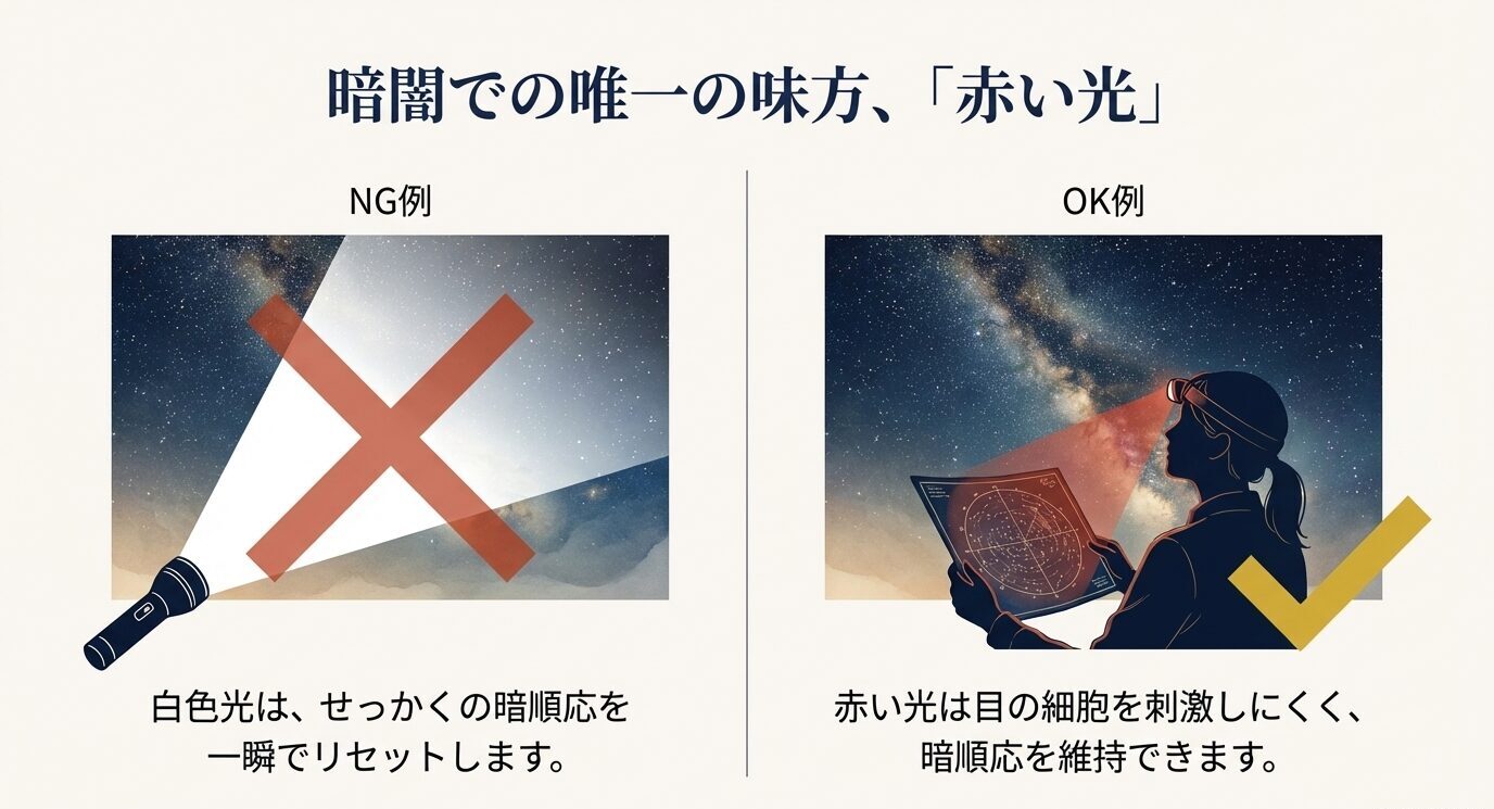 白色ライトは暗順応をリセットする（NG）、赤色ライトは暗順応を維持しやすい（OK）という比較を示すスライド。