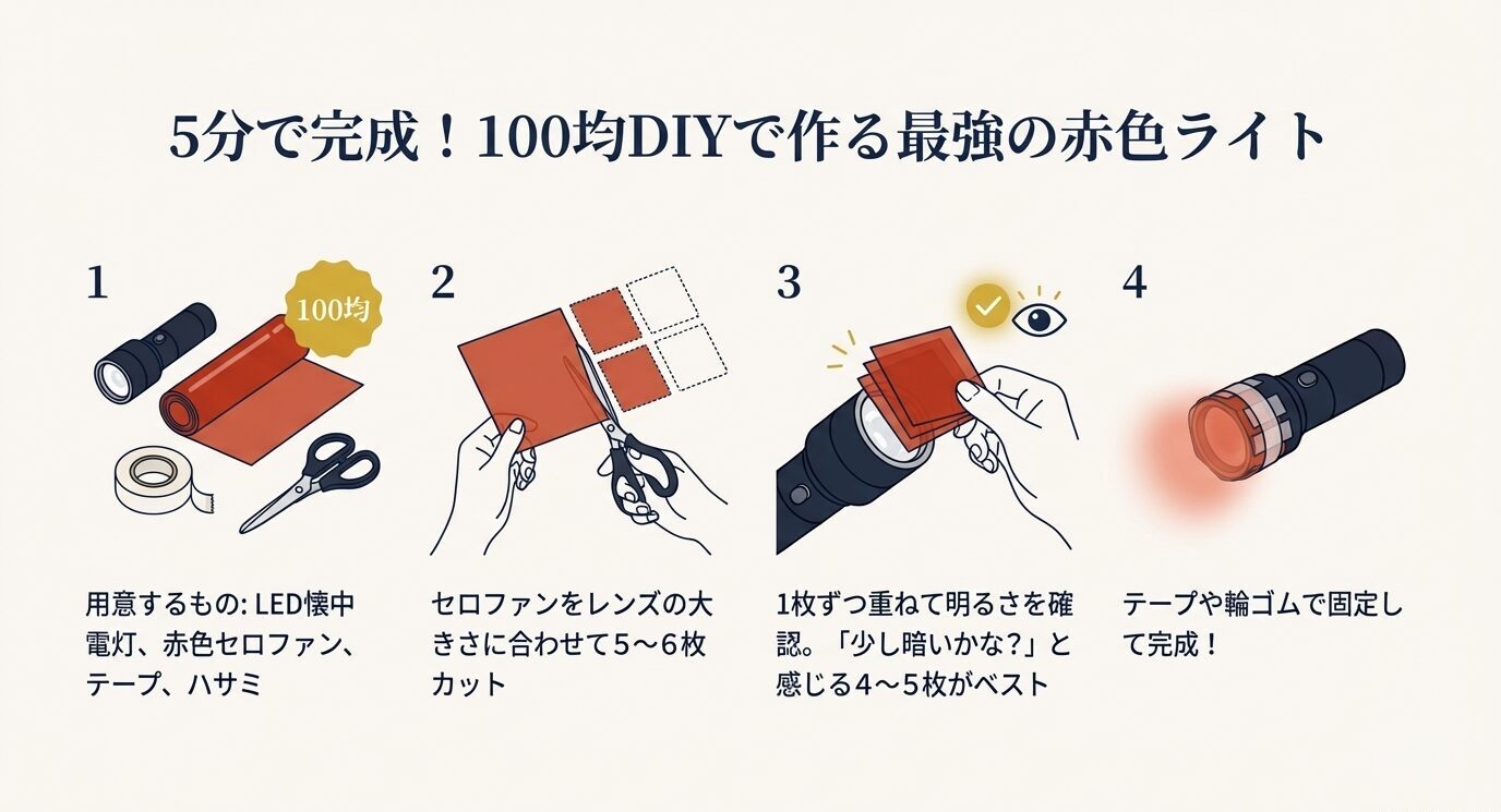 LED懐中電灯と赤色セロファン等で赤色ライトを作る手順（カット→重ねる→暗さ確認→固定）を図解したスライド。