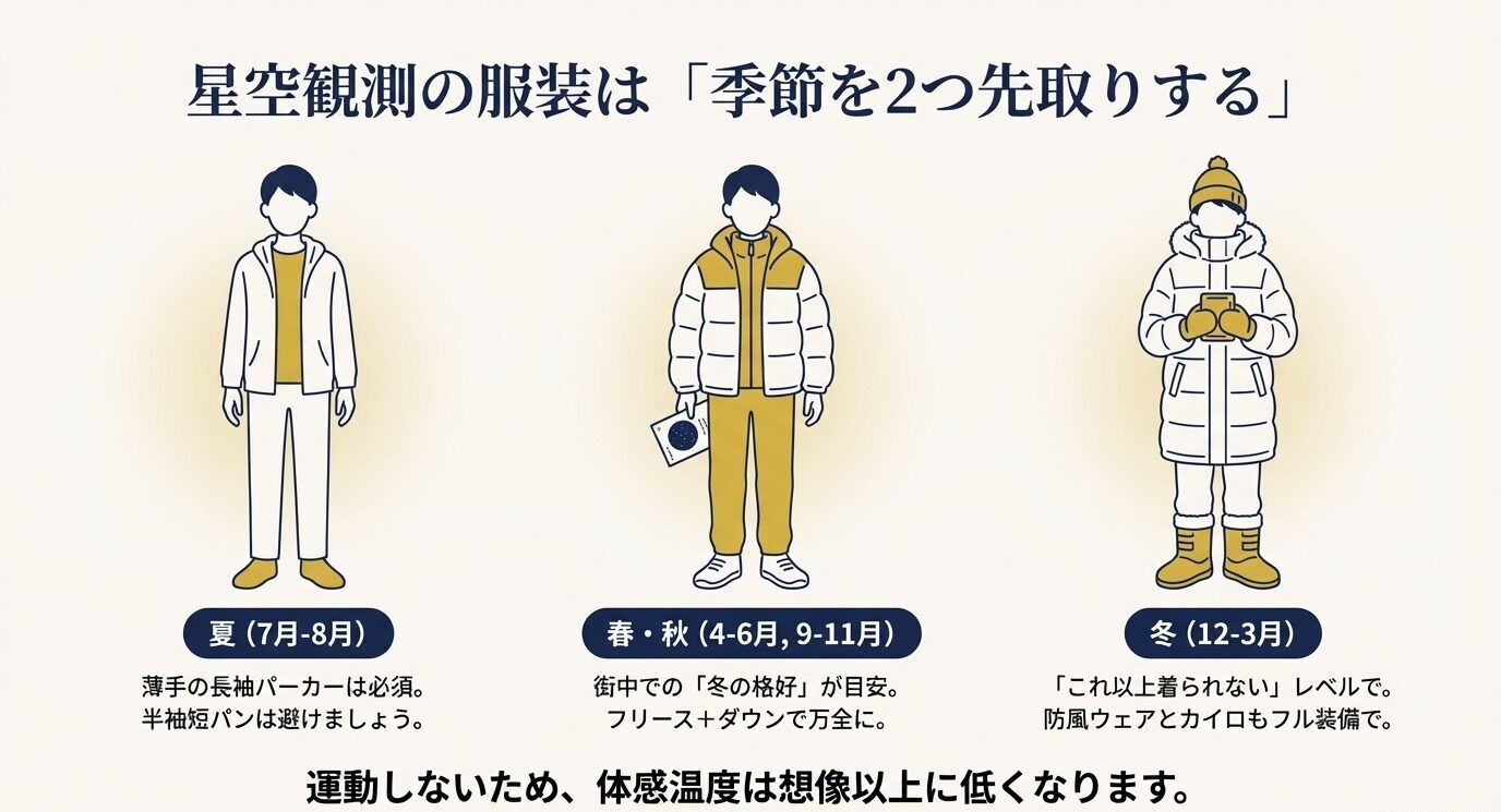 夏・春秋・冬それぞれの服装イメージ（レイヤリング）を人物イラストで示し、体感温度が下がる点を強調したスライド。