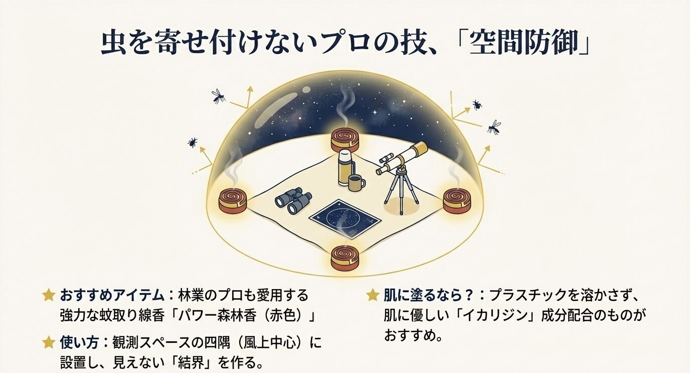 観測スペース四隅に蚊取り線香等を置いて“結界”を作る発想と、肌に塗る場合は道具に優しい成分を選ぶ注意点を示すスライド。
