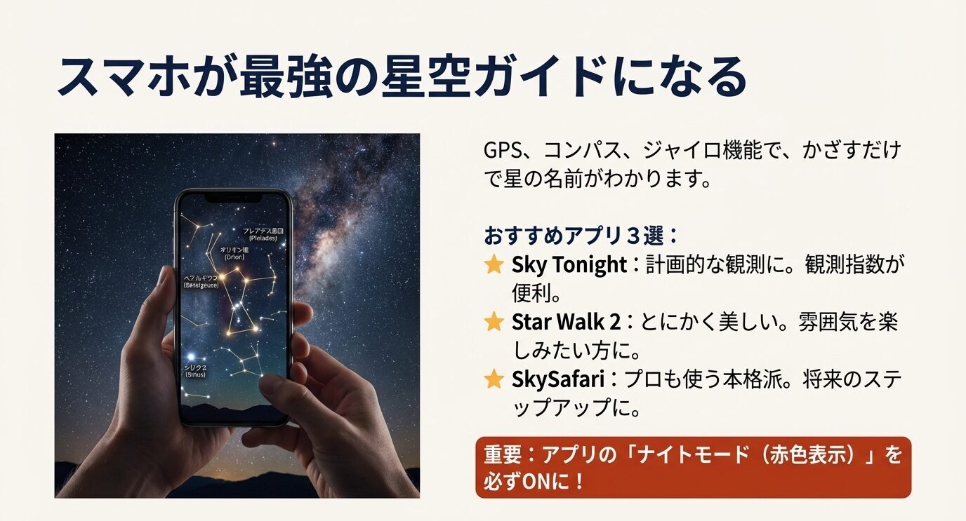 スマホをかざして星の名前が分かる仕組み（GPS・コンパス・ジャイロ）と、おすすめアプリ3選、ナイトモード（赤色表示）必須を示すスライド。