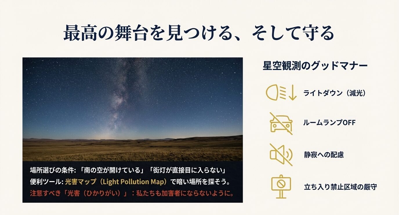 観測地の条件（南が開ける／街灯を避ける／光害マップ活用）と、ライトダウン・車内灯OFF・静寂配慮・立入禁止厳守などのグッドマナーをまとめたスライド。