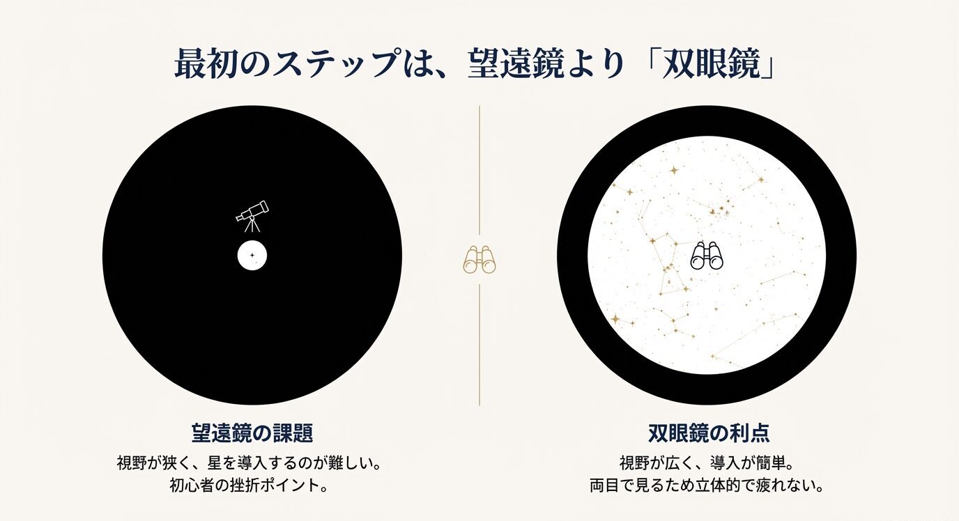 望遠鏡は視野が狭く導入が難しい一方、双眼鏡は視野が広く両目で楽に見られる利点を対比したスライド。