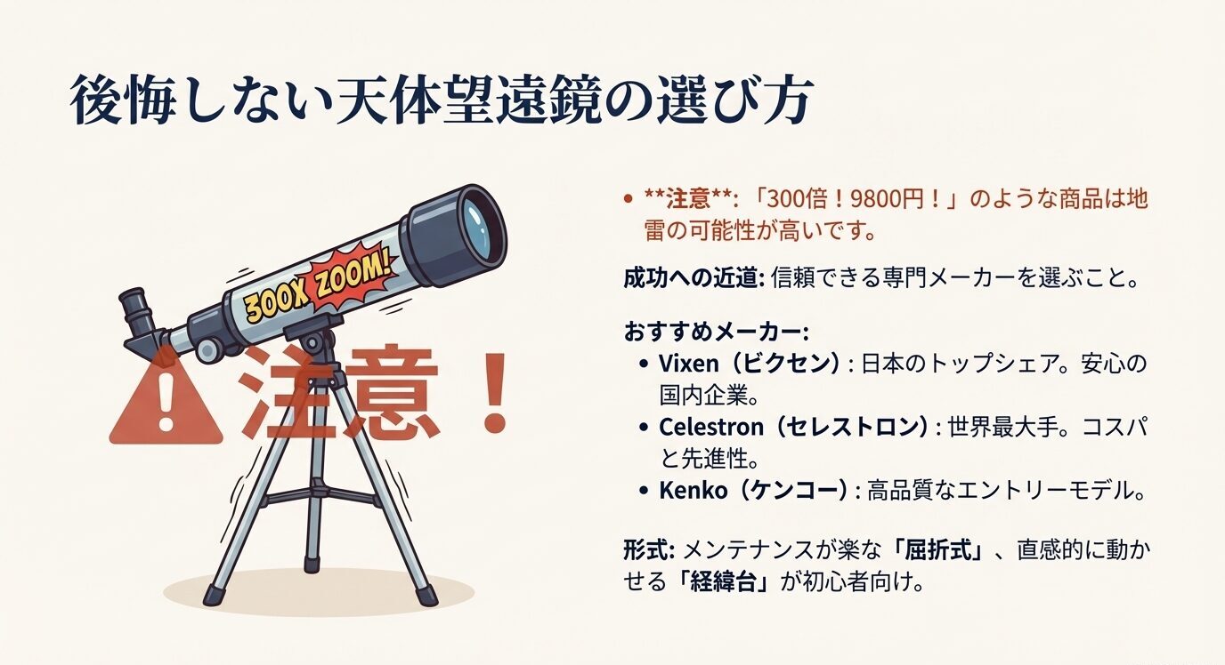 安価な高倍率うたい文句への注意、信頼できるメーカー（例：Vixen/Celestron/Kenko）を選ぶこと、初心者は屈折式＋経緯台が扱いやすい方向性をまとめたスライド。