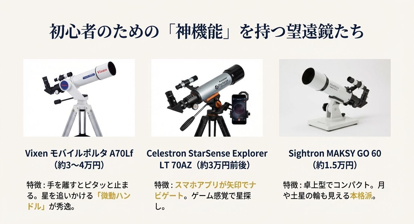 初心者向け望遠鏡3機種（Vixen A70Lf／Celestron StarSense Explorer LT 70AZ／Sightron MAKSY GO 60）を写真と価格感、特徴（微動ハンドルやアプリ誘導など）で比較したスライド。