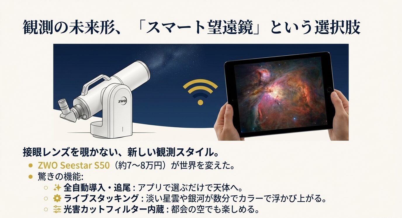 接眼レンズを覗かずにスマホ画面で観望するスマート望遠鏡の概念と、Seestar S50の特徴（自動導入・追尾、ライブスタッキング、光害カット等）を示すスライド。