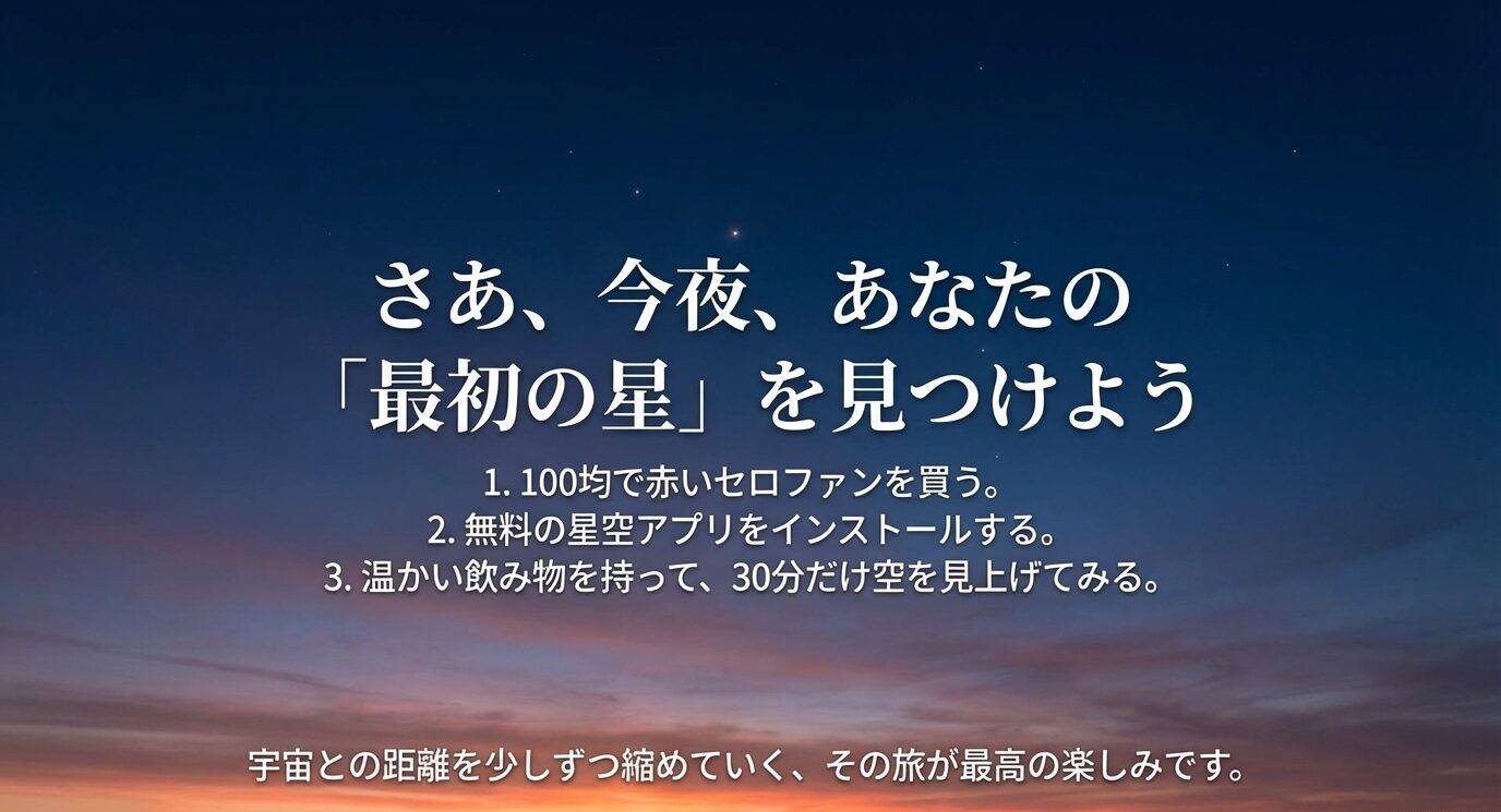 100均で赤セロファンを買う→無料アプリを入れる→温かくして30分空を見上げる、という“今夜できる3ステップ”で締めるスライド。