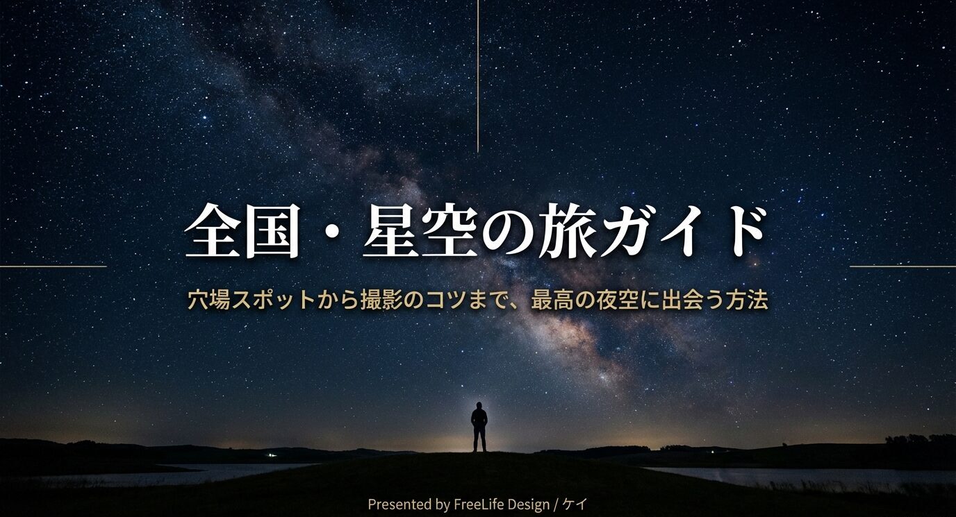 満天の星と天の川を背景に、全国の天体観測スポットと撮影のコツを紹介する表紙スライド