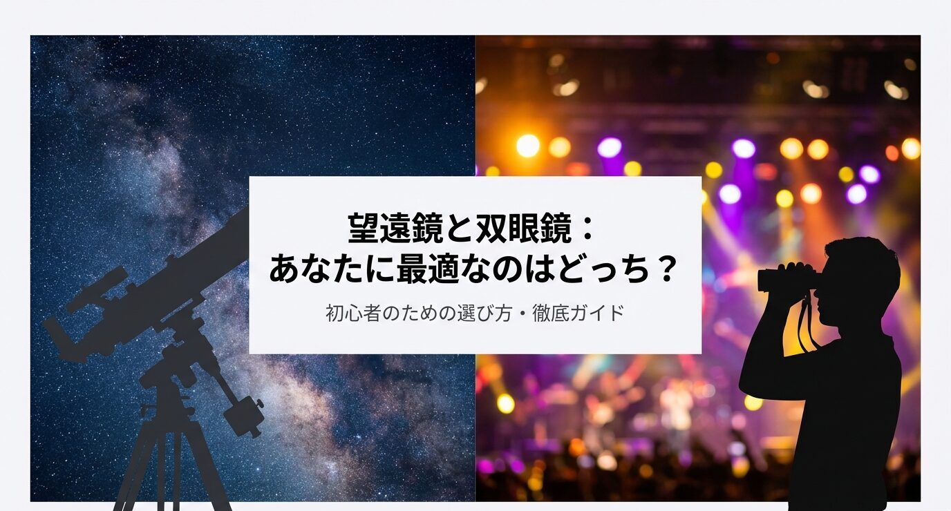 星空とライブ会場を背景に、望遠鏡と双眼鏡のどちらが最適かを問うタイトルスライド。