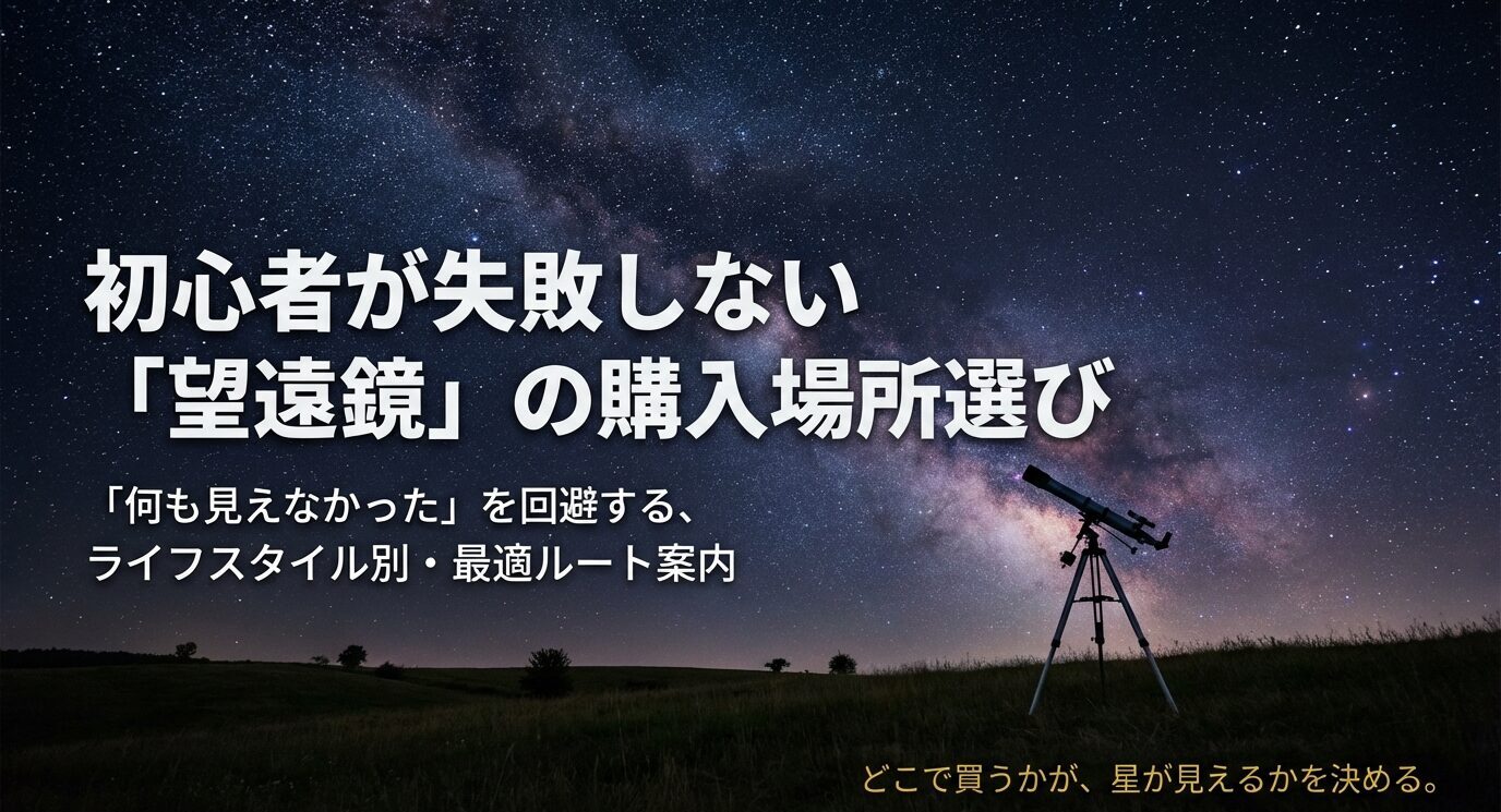 天の川の星空を背景に、三脚に載った望遠鏡の写真。大きな文字で「初心者が失敗しない『望遠鏡』の購入場所選び」、小見出しに「『何も見えなかった』を回避する、ライフスタイル別・最適ルート案内」。