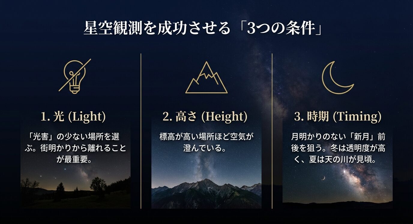 光害の少なさ、高い標高、月明かりの少ない時期(新月前後)という星空観測の3条件を図解