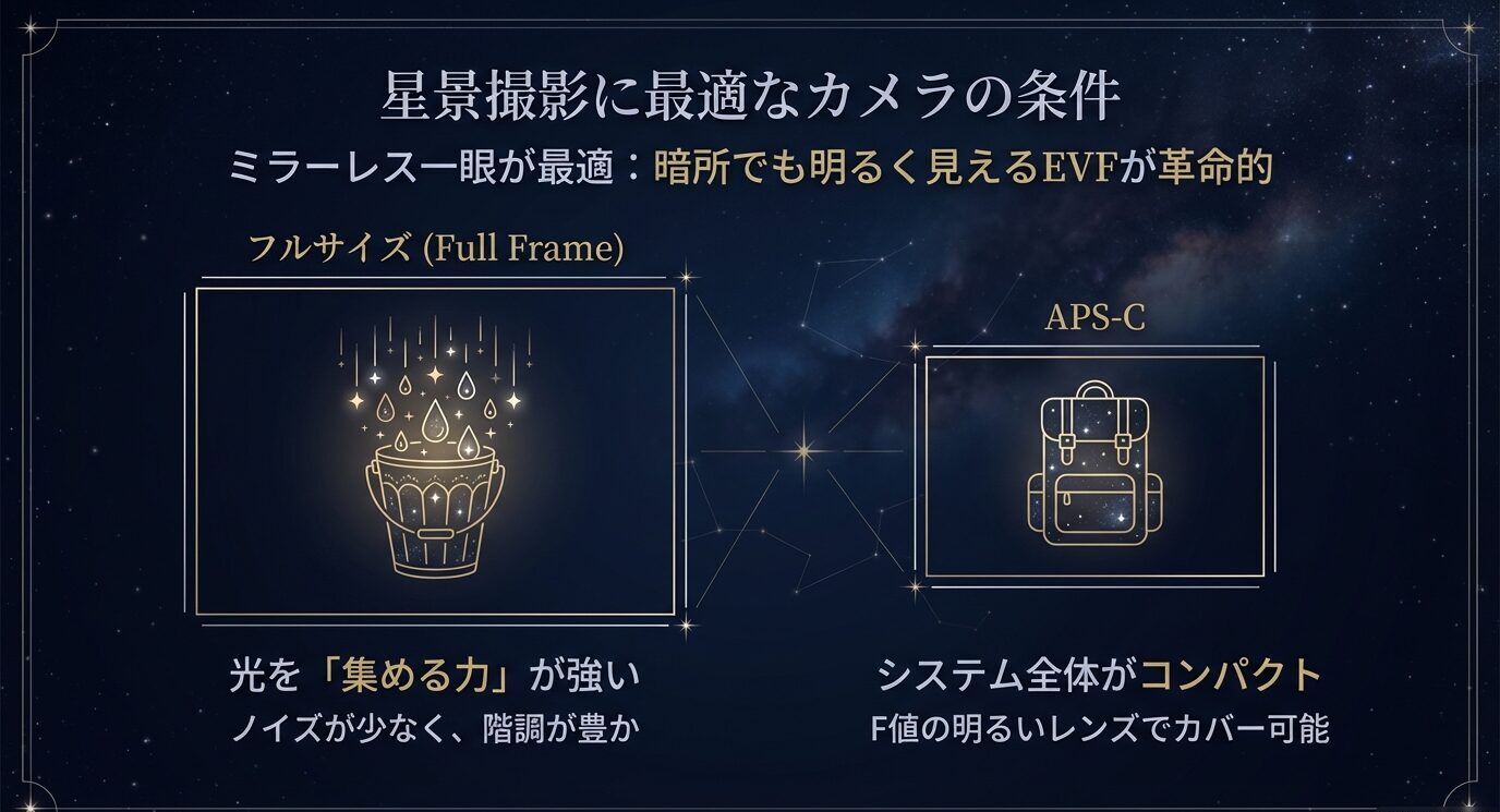 星景撮影ではミラーレス一眼が最適であること、フルサイズは光を集める力が強くAPS-Cはシステム全体がコンパクトと対比して説明する図