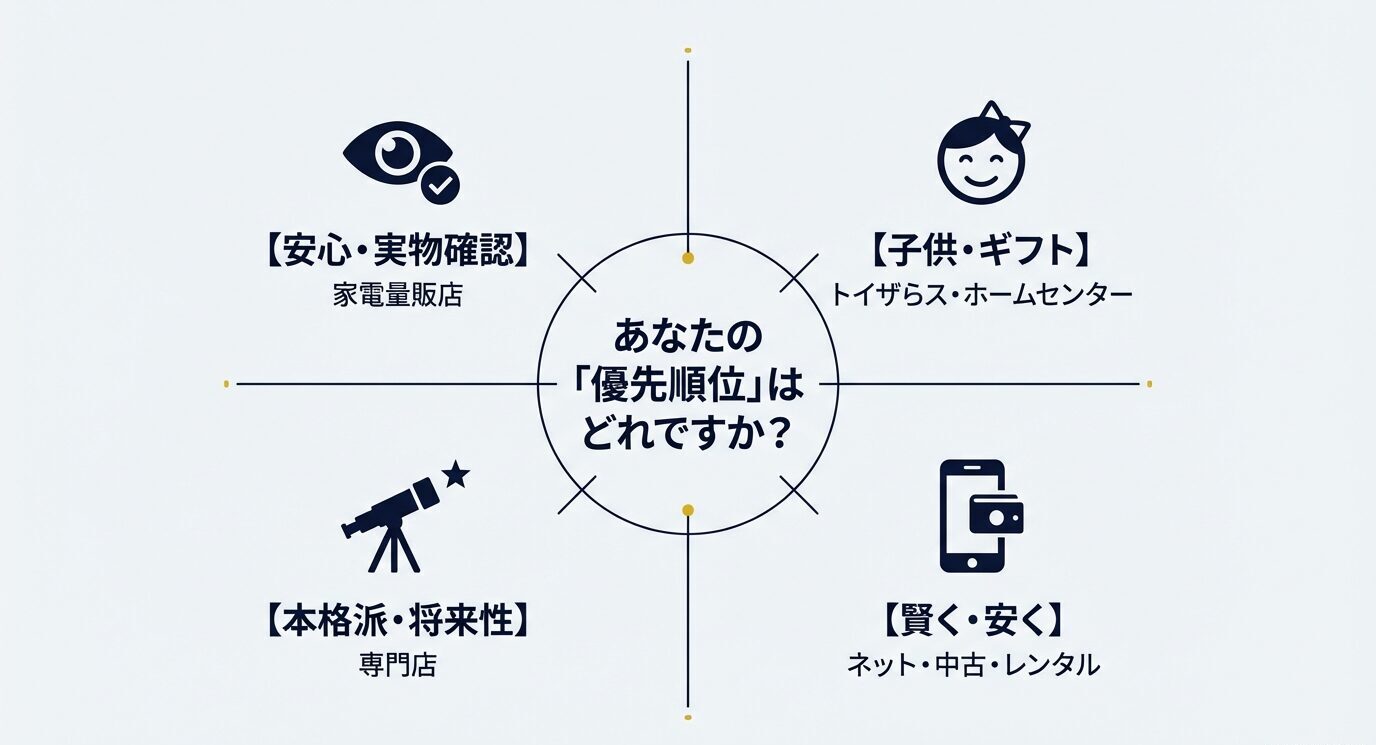 中央に「あなたの『優先順位』はどれですか？」、周囲に4分類。「安心・実物確認＝家電量販店」「子供・ギフト＝トイザらス・ホームセンター」「本格派・将来性＝専門店」「賢く・安く＝ネット・中古・レンタル」。