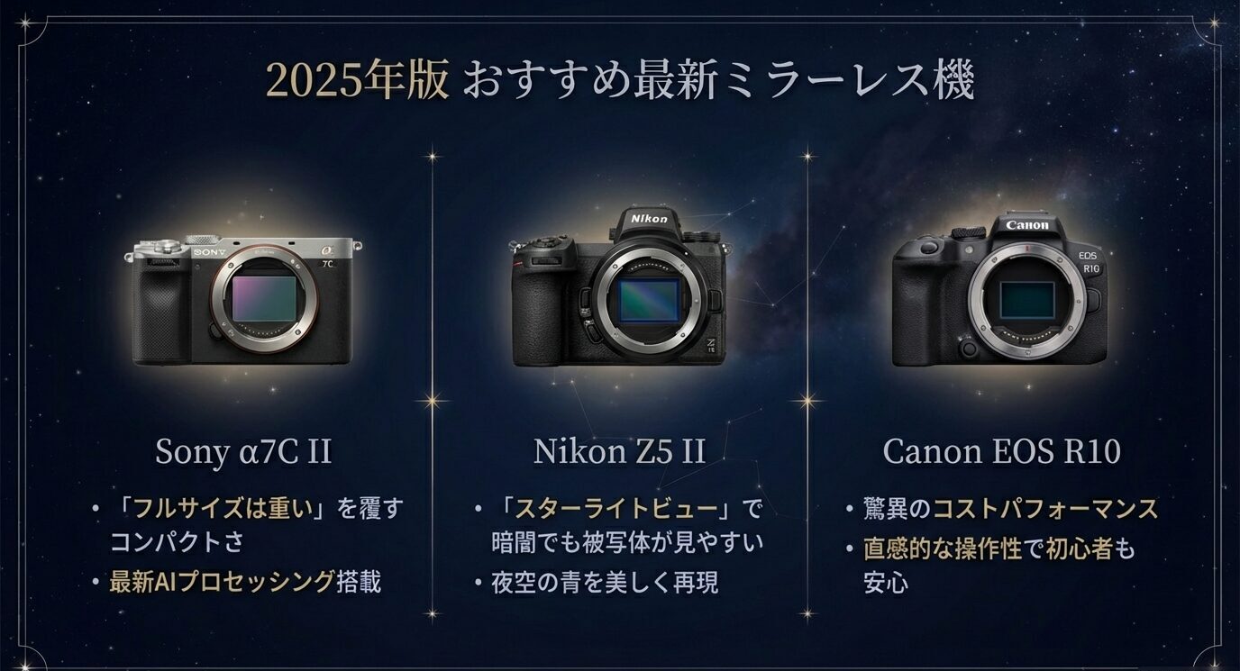 Sony α7C II、Nikon Z5 II、Canon EOS R10の画像と、それぞれの特徴（コンパクト、スターライトビュー、コスパと操作性）を並べた比較スライド