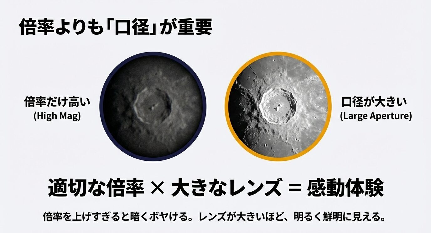 高倍率だけの像は暗く不鮮明、口径が大きい像は明るくシャープになる比較図。