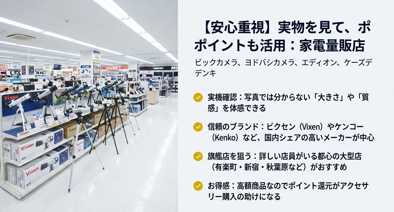 店内の望遠鏡展示写真と、右側に箇条書き。「安心重視：家電量販店（ビックカメラ、ヨドバシ、エディオン、ケーズ）」「実機で大きさ・質感を体感」「ビクセン／ケンコー中心」「旗艦店がおすすめ」「ポイント還元がアクセサリー購入に有利」。