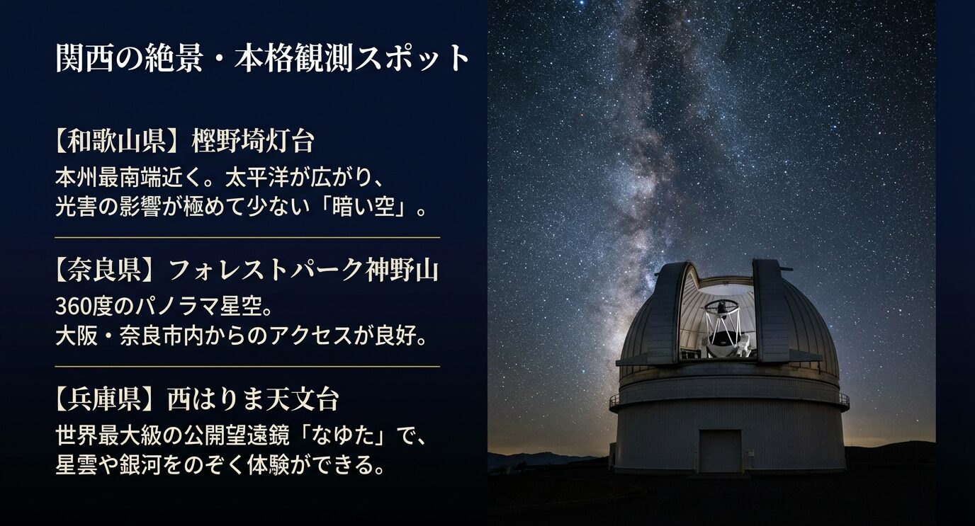 関西の星空観測地として、和歌山・樫野埼灯台、奈良・フォレストパーク神野山、兵庫・西はりま天文台をまとめたスライド