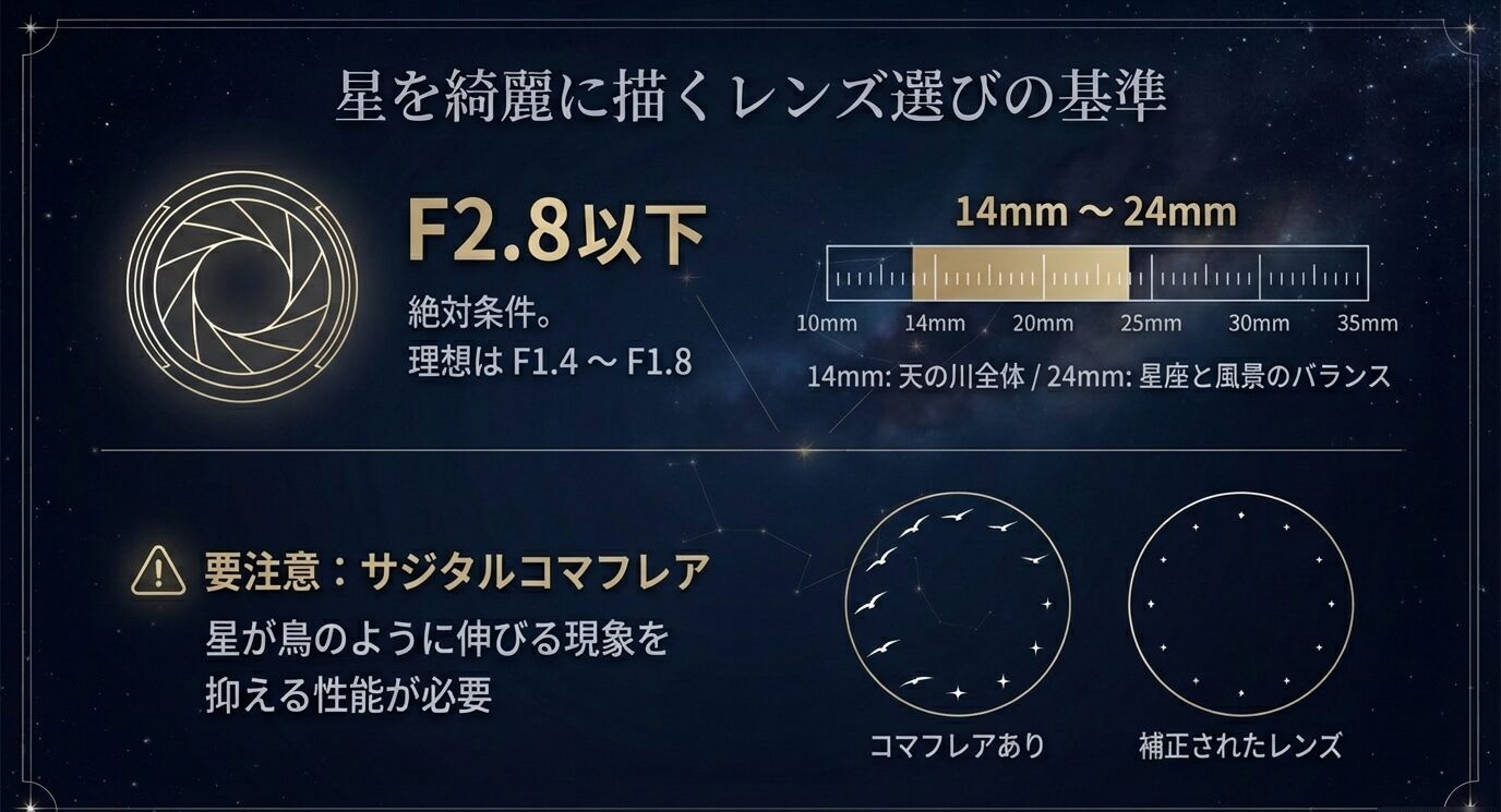 星景写真のレンズ条件としてF2.8以下（理想F1.4〜1.8）、焦点距離14〜24mm、サジタルコマフレアを抑える必要があることを示す解説スライド