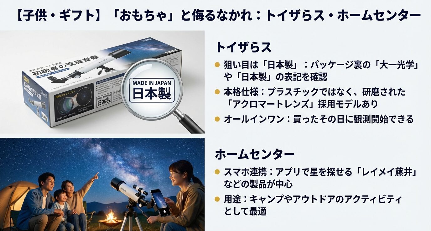 左に「日本製」表示のある望遠鏡パッケージ画像、下に家族のキャンプ観測写真。右側に要点。「トイザらス：日本製・大一光学表記を確認、アクロマートレンズ採用モデルあり、オールインワン」「ホームセンター：スマホ連携（レイメイ藤井など）、キャンプ用途に最適」。