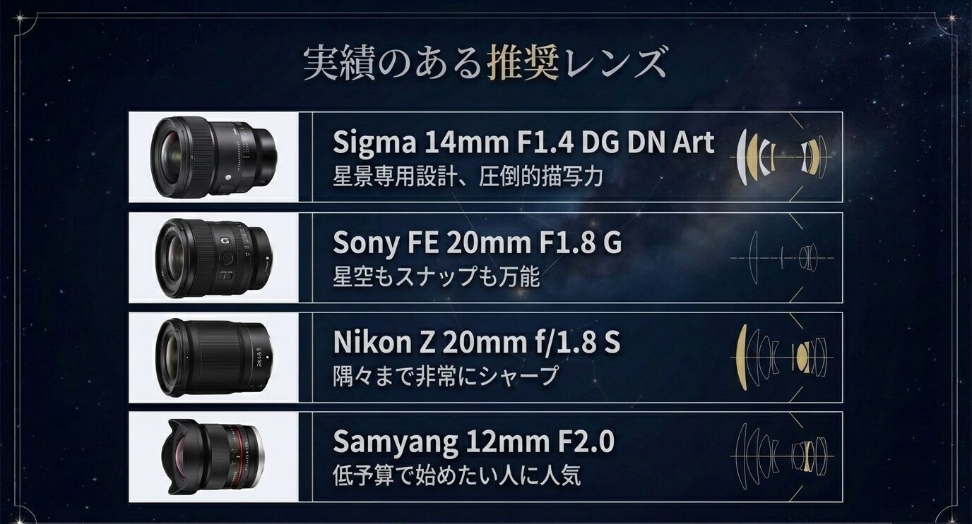 星景撮影で実績のある広角・明るいレンズとして、Sigma 14mm F1.4、Sony FE 20mm F1.8、Nikon Z 20mm f/1.8、Samyang 12mm F2.0を紹介するスライド