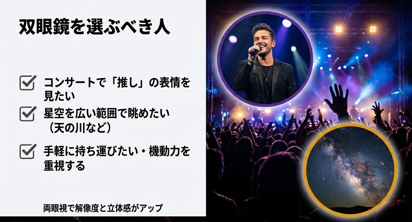 ライブ会場と星空の写真を背景に、推しの表情・広い星空・携帯性重視なら双眼鏡が向くと示す。