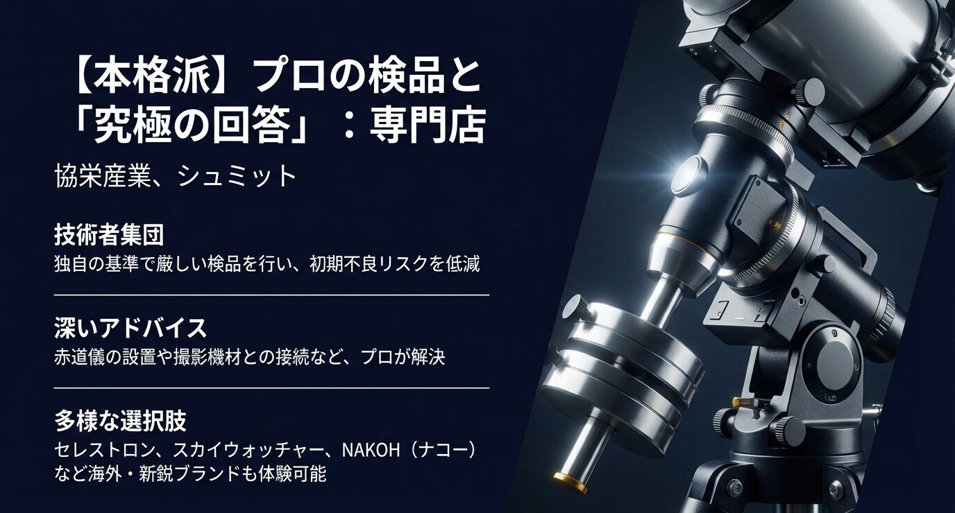 望遠鏡機材のクローズアップ写真。左に説明。「本格派：専門店（協栄産業、シュミット）」「独自基準で厳しい検品＝初期不良リスク低減」「赤道儀や撮影機材接続など深い相談」「セレストロン、スカイウォッチャー、NAKOHなど多様なブランドも体験可能」。