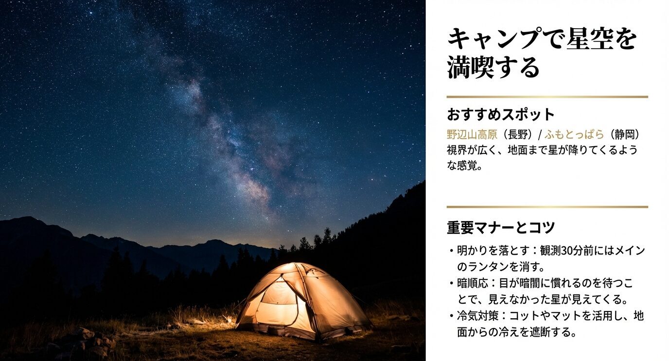 野辺山高原やふもとっぱら等のキャンプ観測向きスポットと、明かりを落とす・暗順応・冷気対策のコツを整理