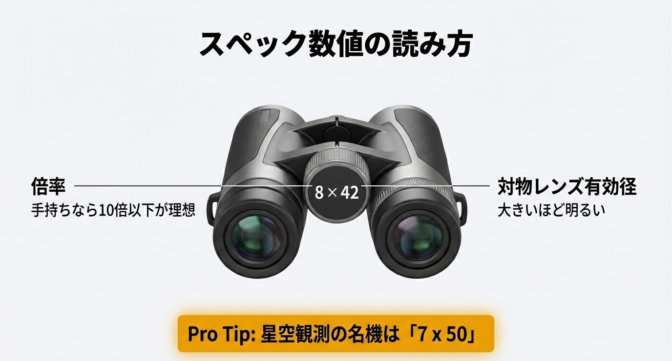 双眼鏡の「8×42」の表記を例に、倍率と対物レンズ径の意味、手持ちは10倍以下、星空は7×50が定番と説明。