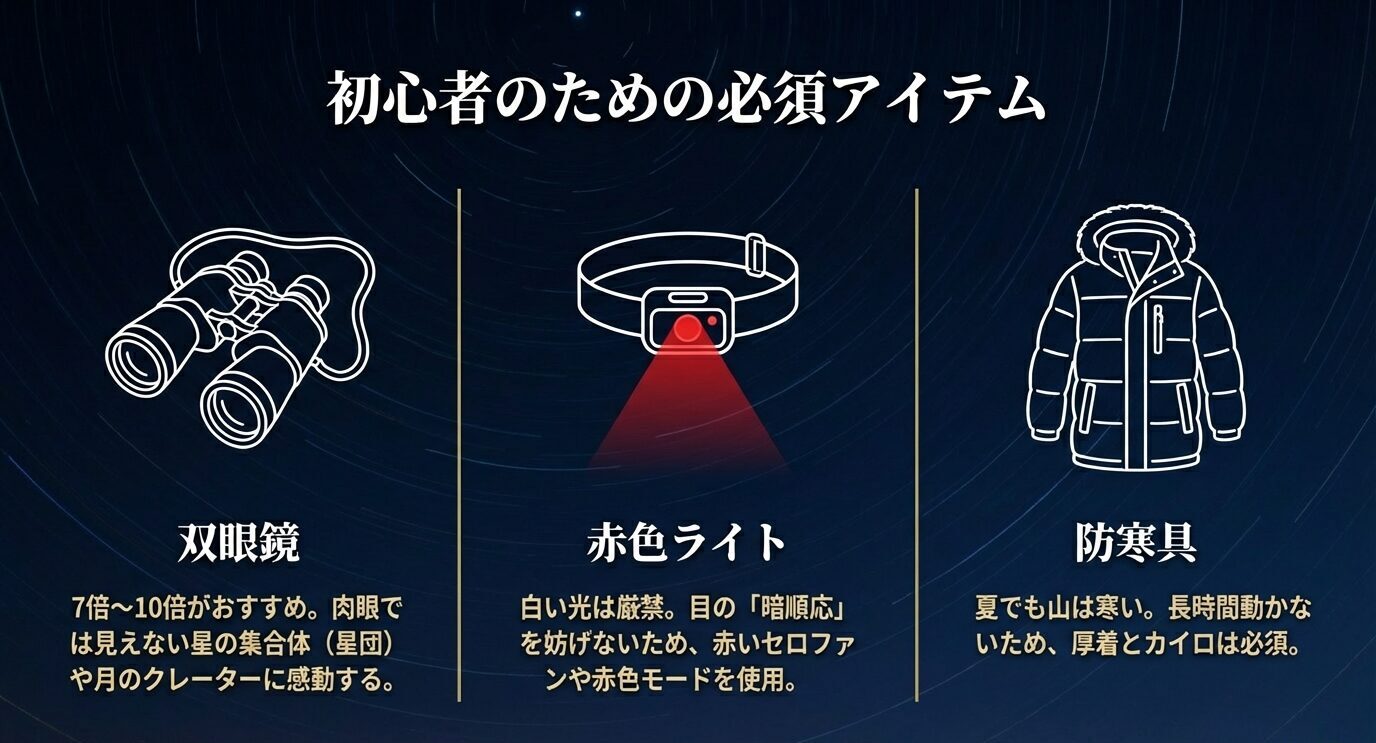 天体観測の基本装備として、双眼鏡、暗順応を妨げない赤色ライト、長時間観測のための防寒具を図解