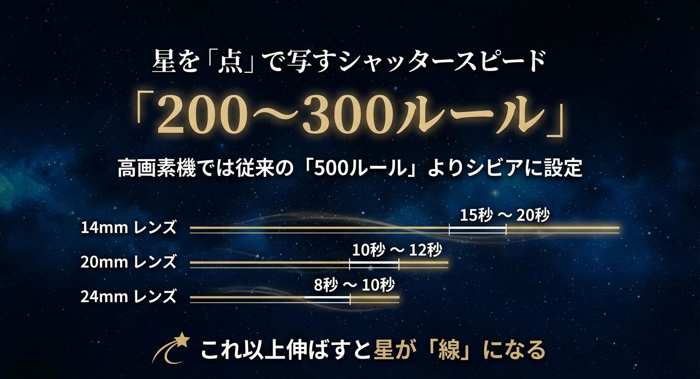 高画素機では500ルールより厳しい200〜300ルールを推奨し、14mm・20mm・24mmそれぞれの目安秒数を示すスライド