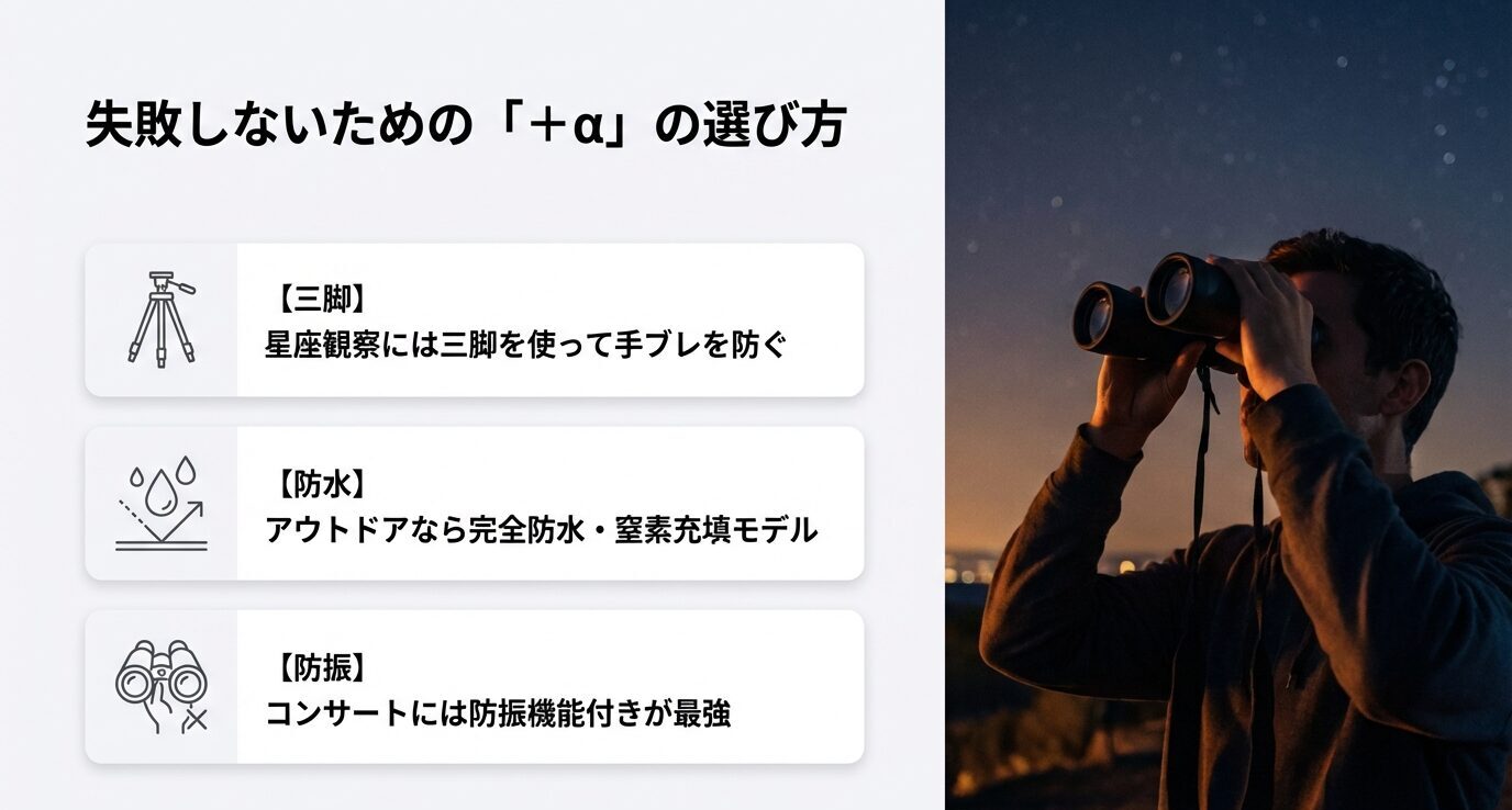 三脚で手ブレ対策、防水・窒素充填でアウトドア対応、防振はコンサート向きという追加選び方をまとめた図。