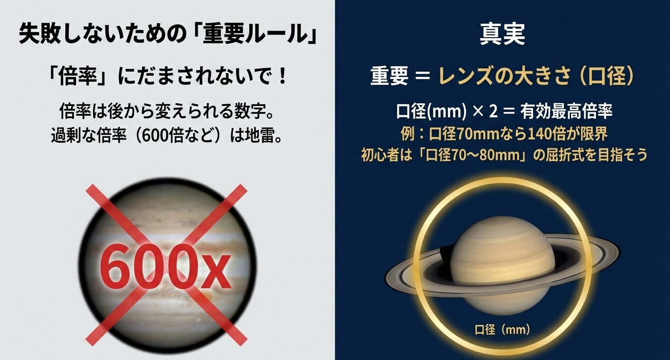 左に「600x」を×印で否定する図と「倍率にだまされない」。右に「重要＝レンズの大きさ（口径）」「口径(mm)×2＝有効最高倍率」「例：口径70mmなら140倍が限界」「初心者は口径70〜80mmの屈折式が目安」。