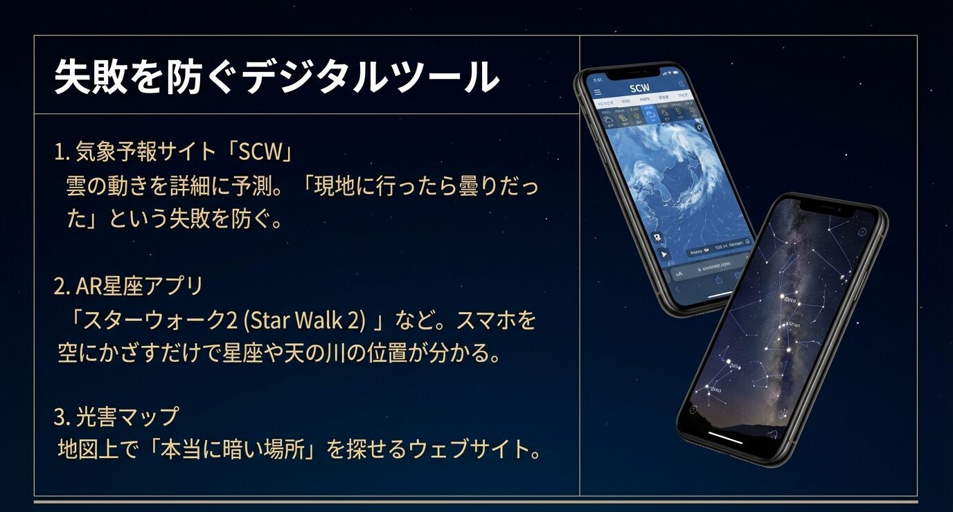 雲量予測のSCW、Star Walk 2などのAR星座アプリ、光害マップで観測条件を事前確認する方法をまとめたスライド