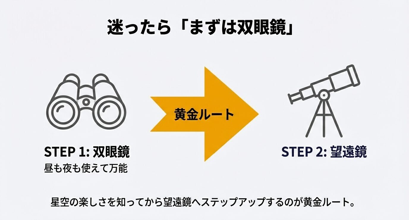 迷った場合は双眼鏡から始め、楽しさを知ってから望遠鏡へ進むのが黄金ルートだと示す。