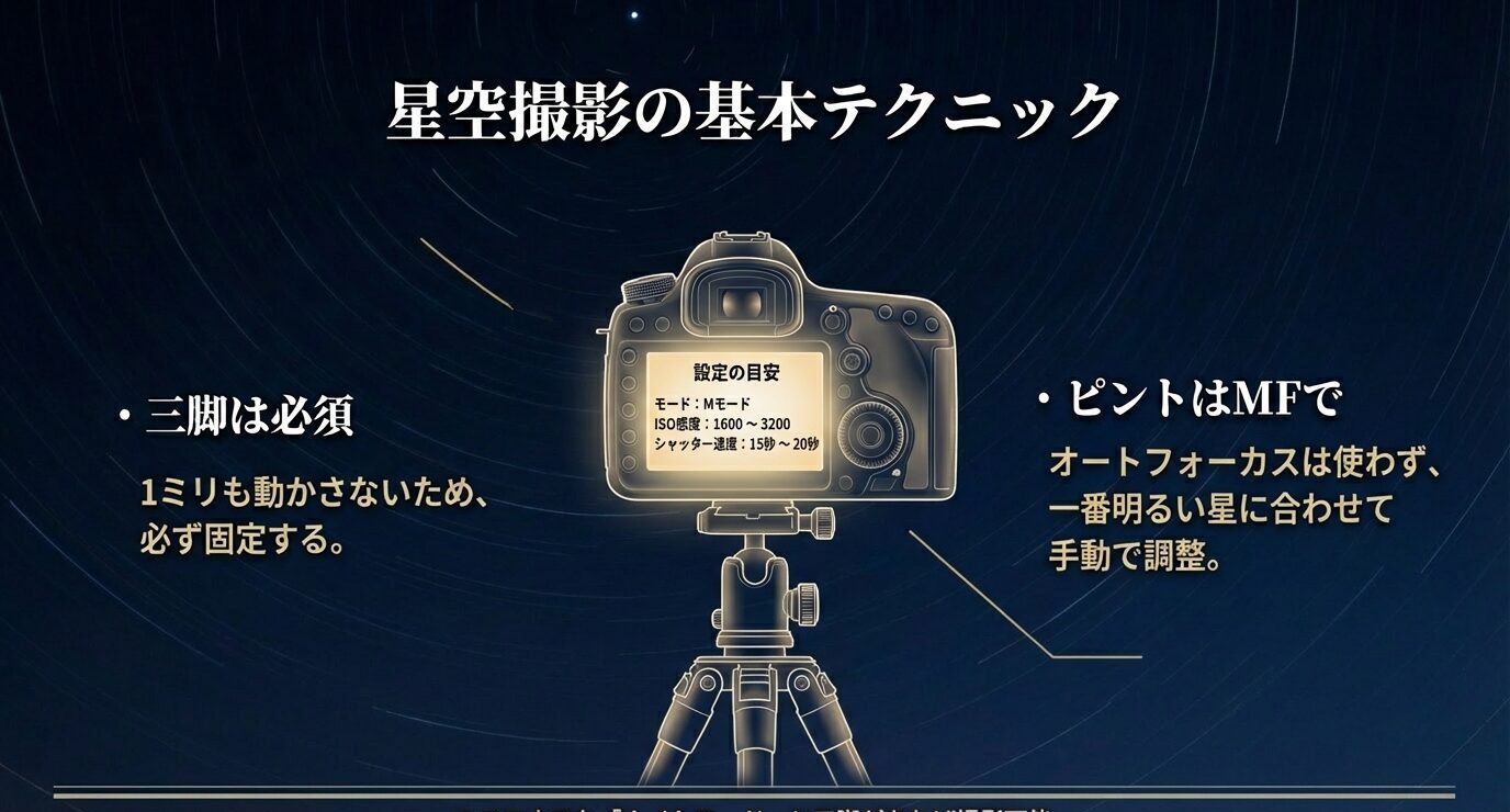 星空撮影で重要な三脚固定、ピントはMF、ISOやシャッター速度の目安など、初心者向けの基本ポイントを解説