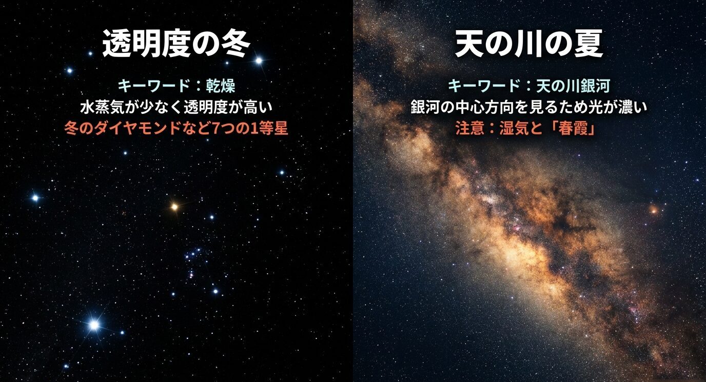 左に「透明度の冬（乾燥・水蒸気が少ない・冬のダイヤモンド）」、右に「天の川の夏（銀河中心方向で光が濃い・湿気と春霞に注意）」と示した比較スライド