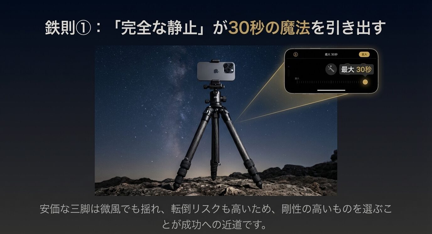 鉄則①:『完全な静止』が30秒の魔法を引き出す」。三脚に固定したiPhoneと、ナイトモードの「最大30秒」表示の画面例が示されている。