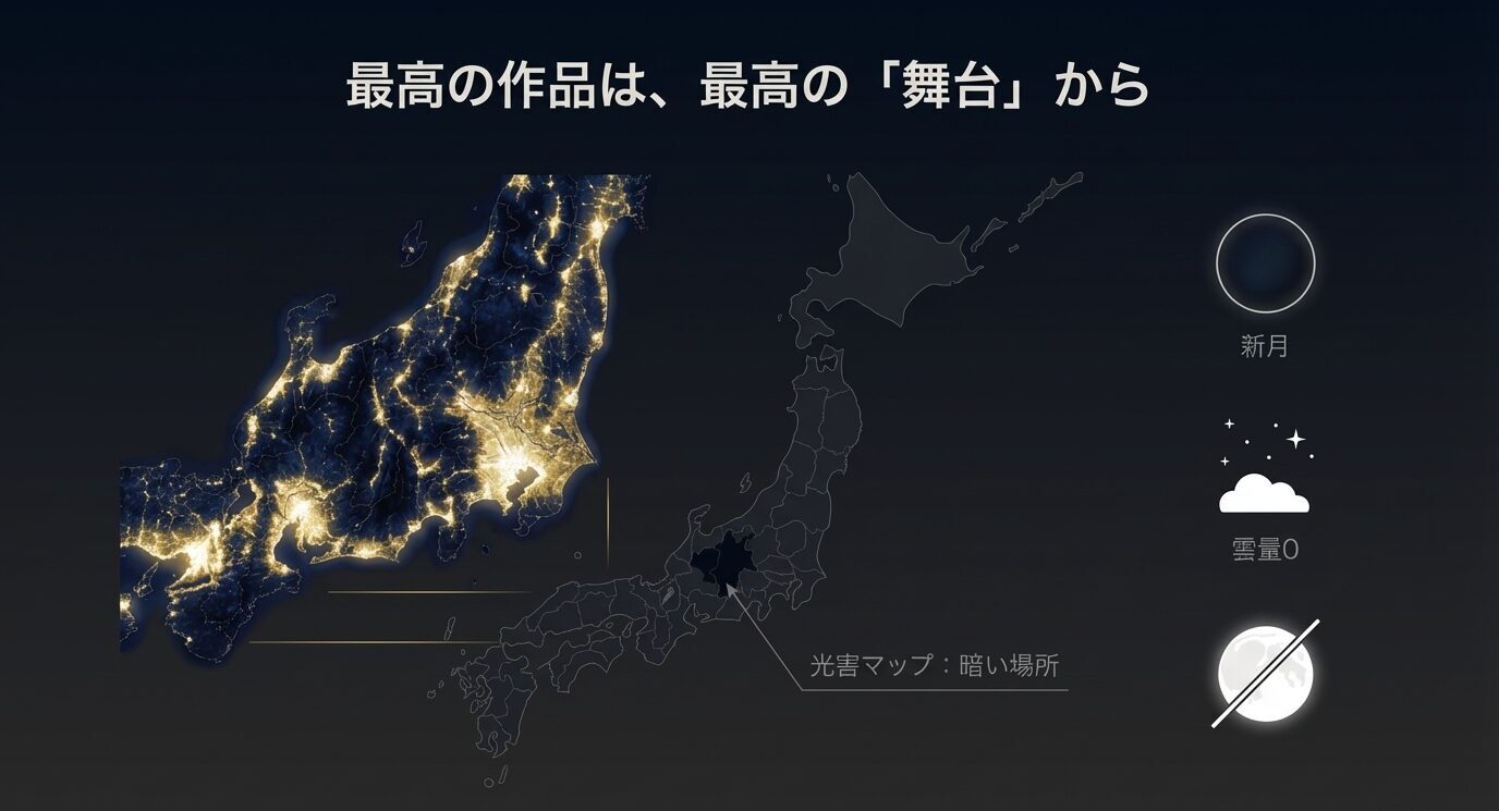「最高の作品は、最高の『舞台』から」。日本地図の光害イメージと、「新月」「雲量0」「月明かり回避」を示すアイコンが配置されている。