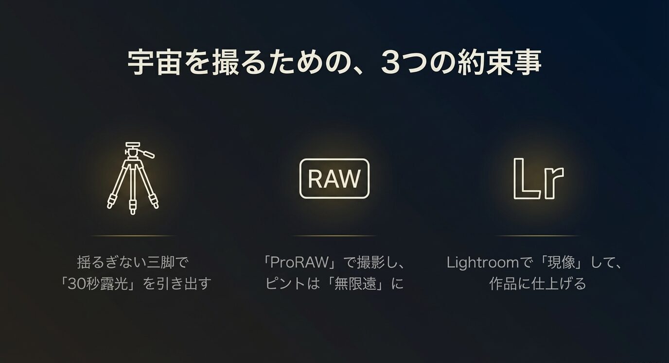 「宇宙を撮るための、3つの約束事」。三脚で30秒露光、ProRAW+無限遠、Lightroom現像の3要素がアイコンで整理されている。