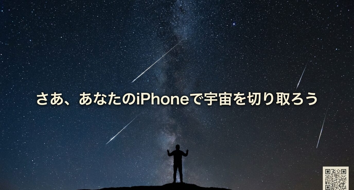 流星が写る星空と地平線上の人影シルエット。「さあ、あなたのiPhoneで宇宙を切り取ろう」と大きく表示された締めのスライド。