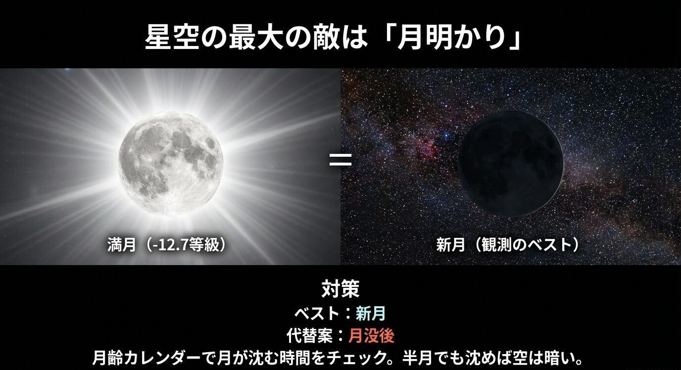 満月（-12.7等級）と新月（観測のベスト）を対比し、「ベストは新月、代替案は月没」「月齢カレンダーで月が沈む時間をチェック」と書かれたスライド