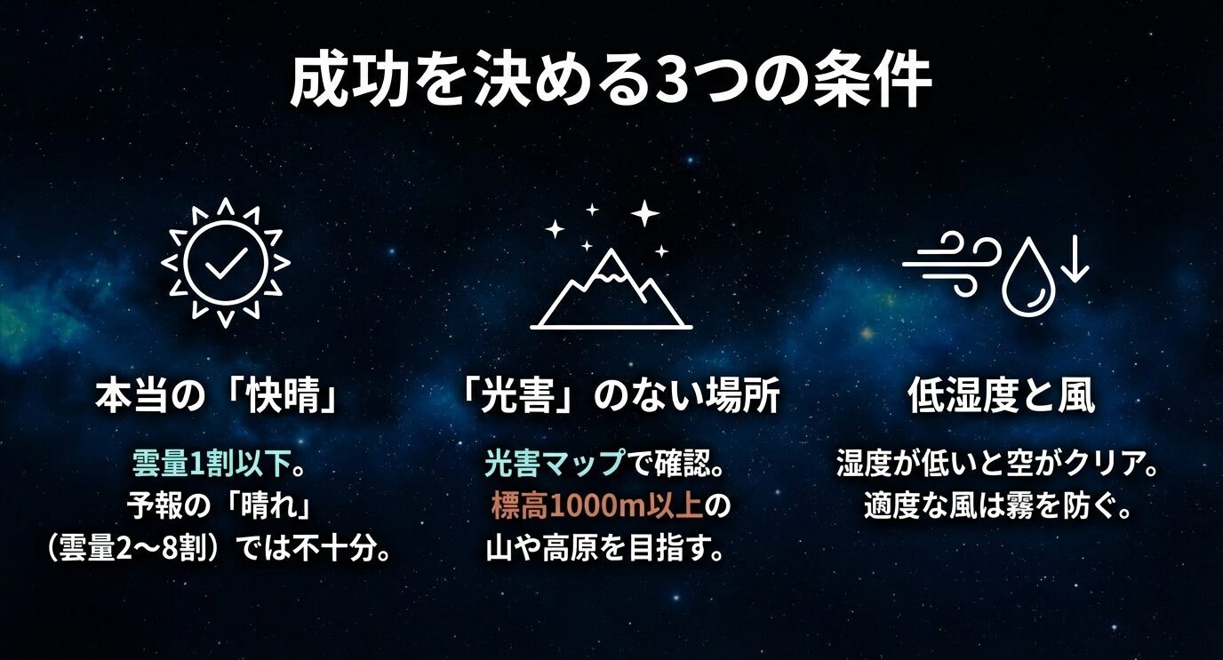 「成功を決める3つの条件」として、本当の快晴（雲量1割以下）、光害のない場所（光害マップ・標高1000m以上）、低湿度と適度な風（空がクリア・霧を防ぐ）をまとめたスライド