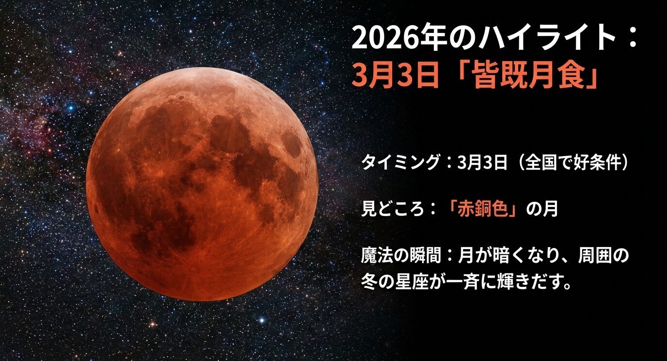 赤銅色の皆既月食の写真とともに「2026年のハイライト：3月3日 皆既月食」「全国で好条件」「見どころ：赤銅色の月」と要点を示したスライド