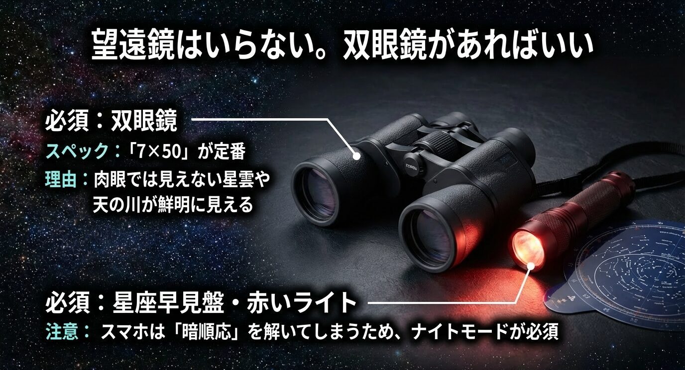 双眼鏡の写真を背景に「望遠鏡はいらない。双眼鏡があればいい」「必須：双眼鏡（7×50）」「必須：星座早見盤・赤いライト」「スマホは暗順応を解くのでナイトモード必須」と書かれたスライド