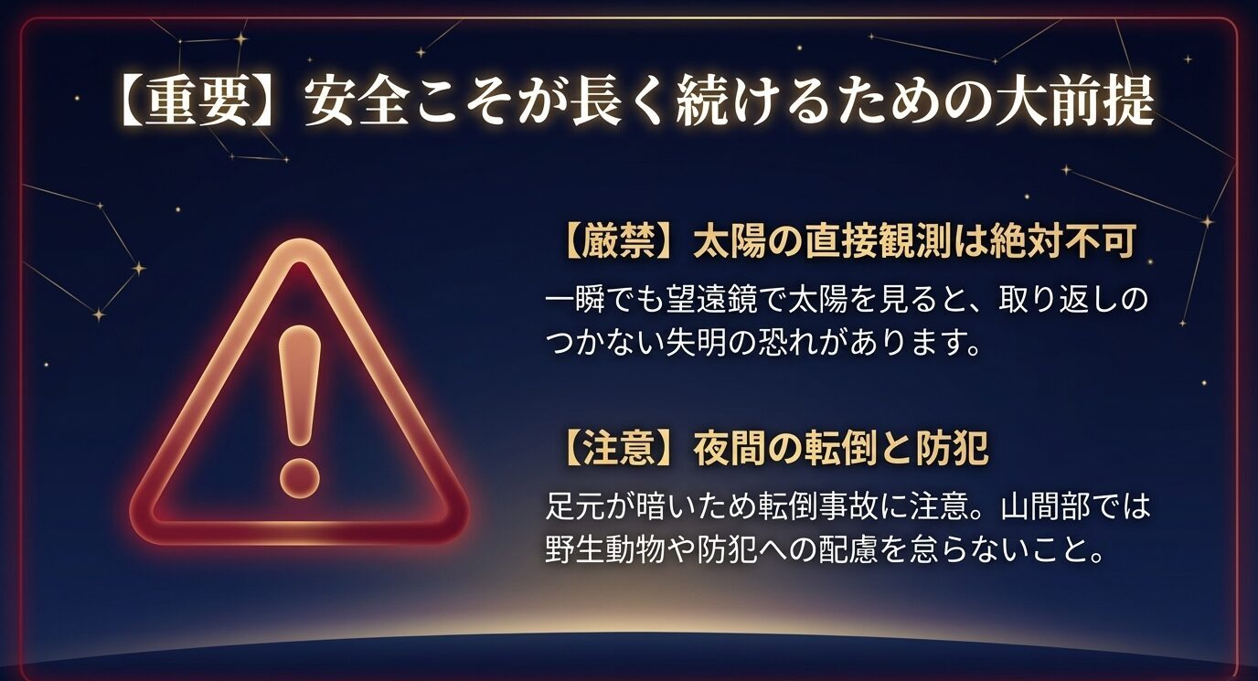 大きな警告マークとともに、太陽の直接観測禁止と夜間の転倒・防犯への注意を強調した警告スライド。
