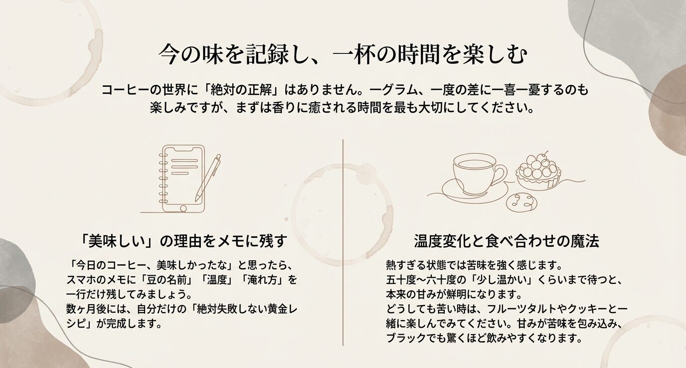 コーヒーの記録を残す習慣と、温度変化や食べ合わせを楽しむコツを左右2カラムでまとめた締めのスライド。