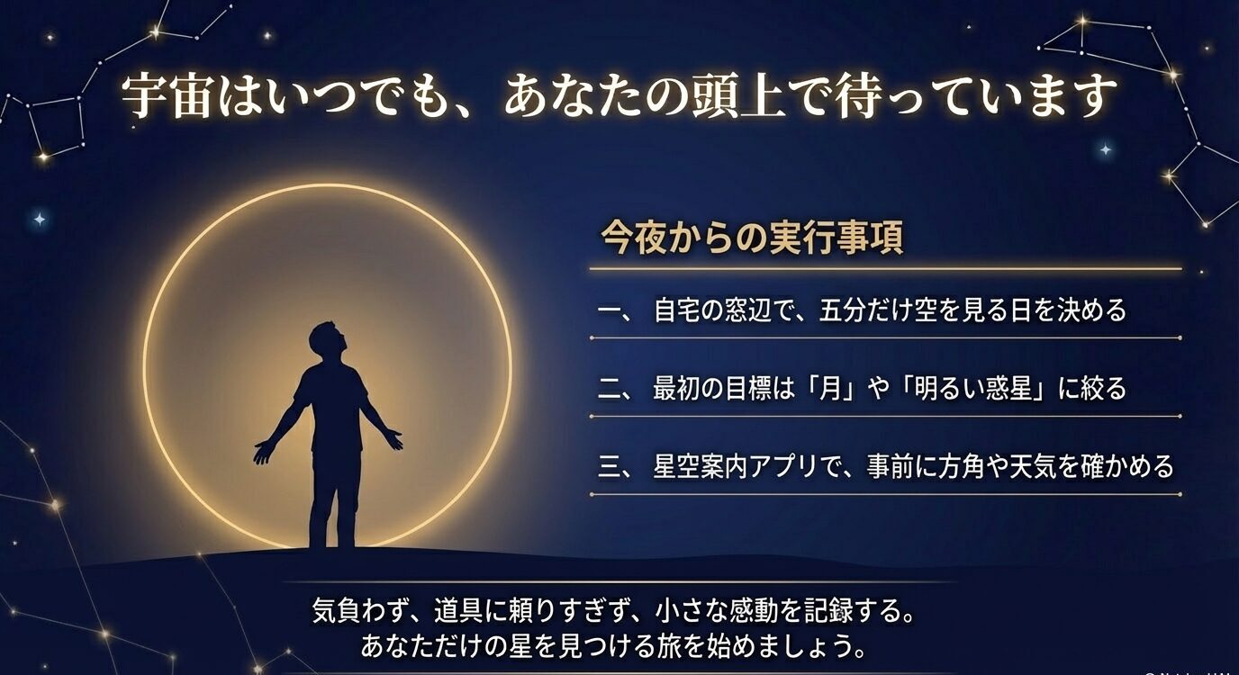 人物シルエットと円形の光を背景に、自宅で5分空を見る、月や明るい惑星に絞る、アプリで事前確認するという実行項目を並べた締めのスライド。