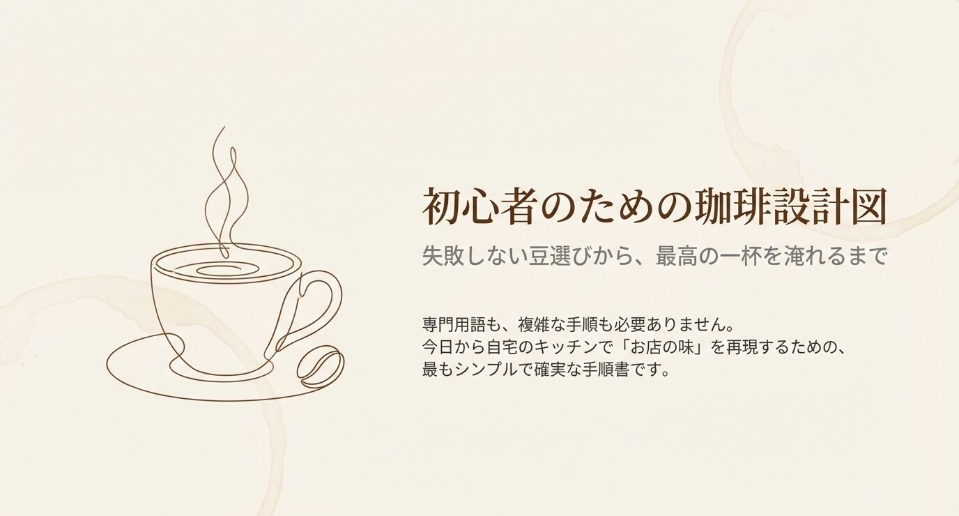 ベージュ背景に湯気の立つコーヒーカップの線画と、「初心者のための珈琲設計図 失敗しない豆選びから、最高の一杯を淹れるまで」と書かれた表紙スライド。