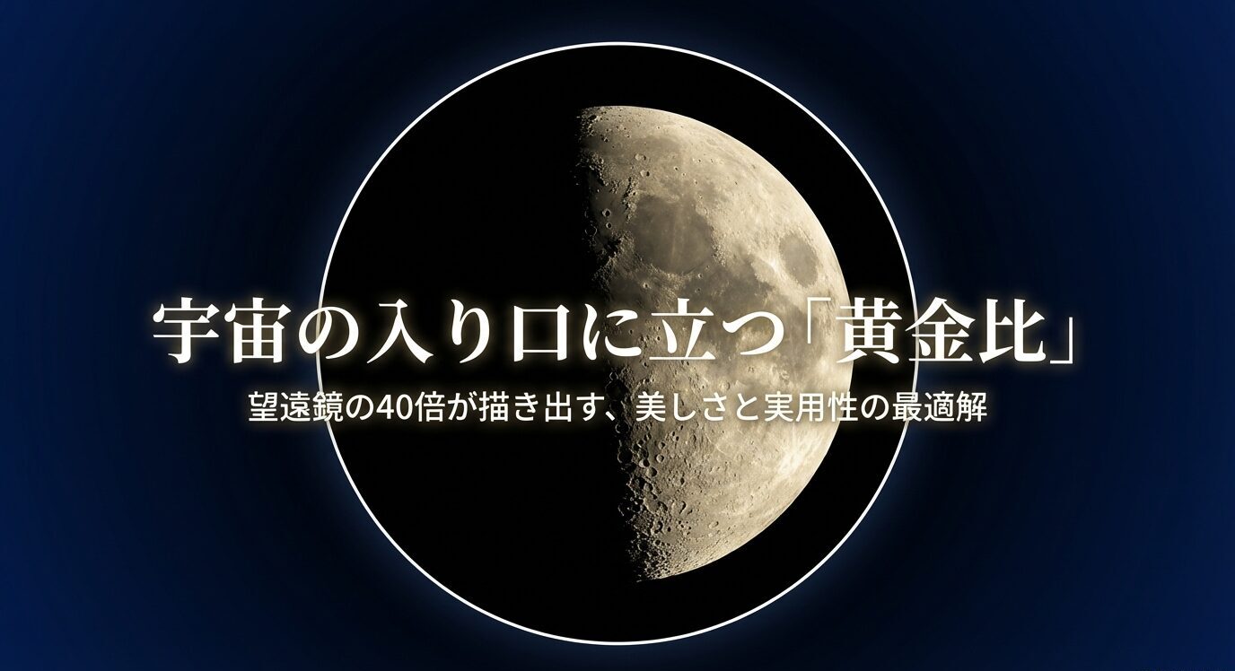 半月の大きな写真を中央に配置し、「宇宙の入り口に立つ『黄金比』」「望遠鏡の40倍が描き出す、美しさと実用性の最適解」と表示した表紙スライド
