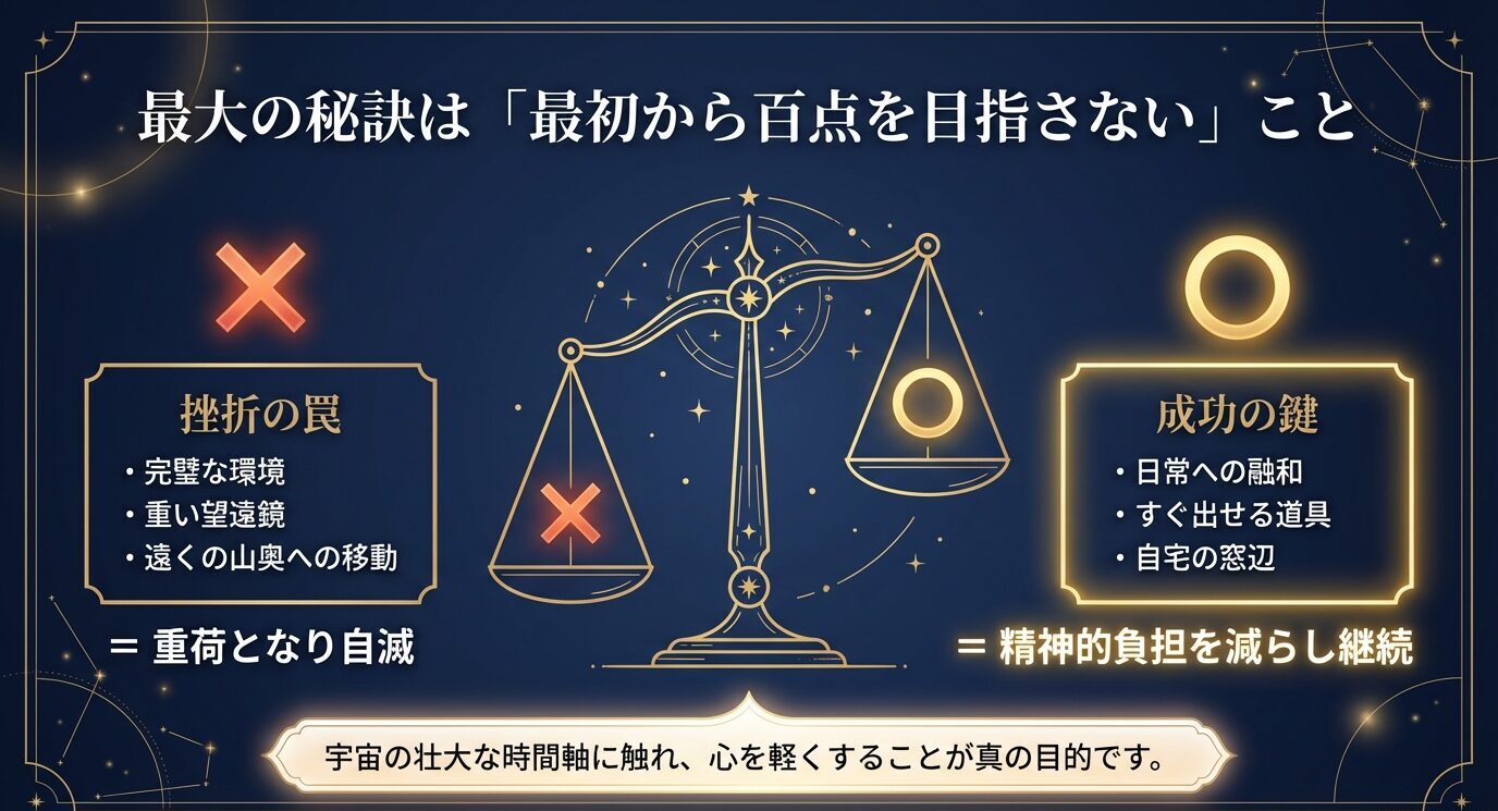 天秤のイラストを中心に、左に挫折の罠、右に成功の鍵を示し、完璧さより日常になじむ観測が継続のコツだと伝えるスライド。